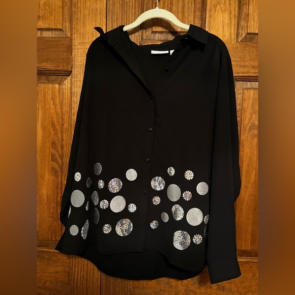 Susan Graver Black Silver Sequin Button Up Blouse Size Medium - Picture 4 of 10